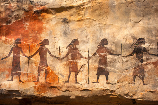 An image of ancient people holding hands on a cave wall