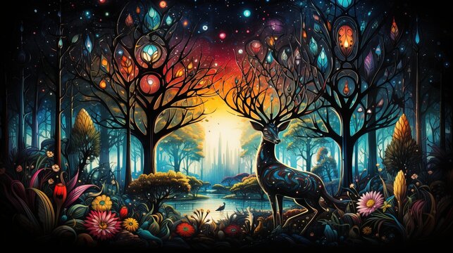 Decorative colorful picture with a deer in the forest near the river with whimsical trees and flowers
