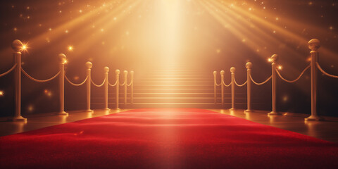 Fototapeta na wymiar Red carpet and golden barrier with cinema light, event background