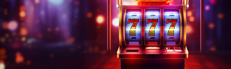 Casino banner, slot machine with jackpot and golden coin, neon and gold color