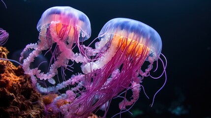 Beautiful vibrant jellyfish, dark underwater scene. Wildlife background.