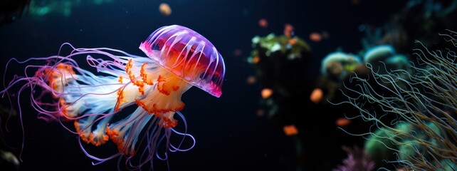 Naklejka premium Beautiful vibrant jellyfish, dark underwater scene. Wildlife background.