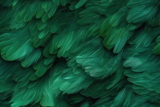 Beautiful seamless pattern with green bird feathers, endless texture. Fabric template. Organic background.
