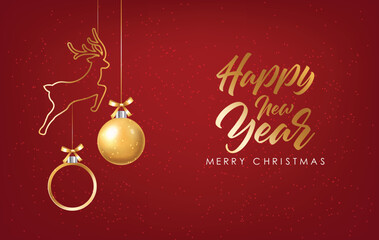 Happy New Year banner, Merry Christmas background, hello winter, realistic Christmas ball,  sale banner, gold ball isolated vector illustration