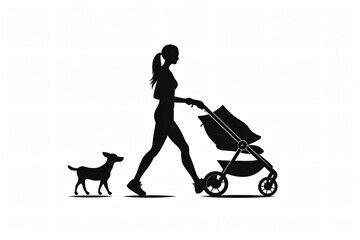 Silhouette of woman walking with a stroller and small dog