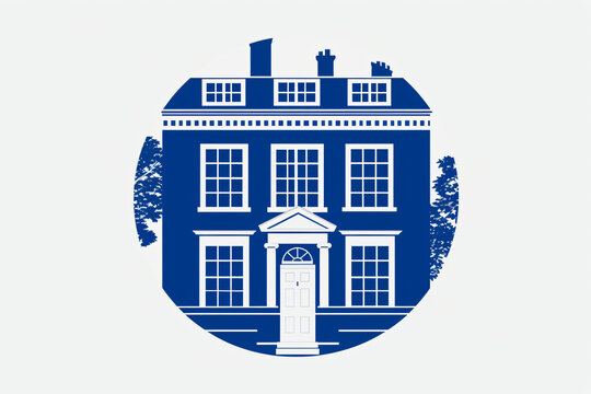 Round emblem illustration of a Georgian house with side trees