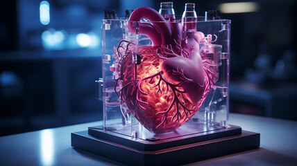 Medicine 3d printer with heart for human. Concept Modern technologies transplant organ.