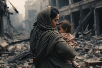 Young woman mother in hijab holds baby child against background of destroyed buildings home due to war or earthquake