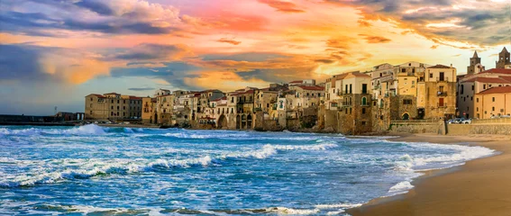 Fotobehang Italy. Sicily island scenic places. Cefalu over sunset - beautifl old town with great beaches © Freesurf