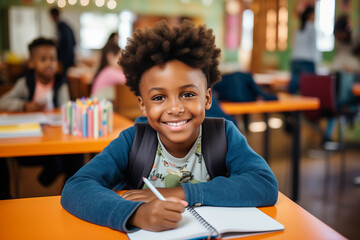 Portrait happy african american boy curly hair working homework. Concept education in school offline