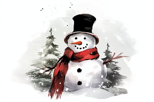 Ink and watercolor drawing of a snowman in winter, with a black hat and red scarf, a carrot nose, pebble teeth and eyes and buttons, branches for arms, fir trees and a snowy sky in the background