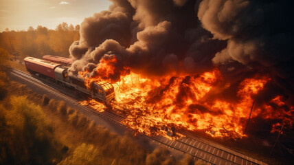 Railroad accident burning, train collision, fire on a passenger Wagons carriage, aerial top view. - obrazy, fototapety, plakaty