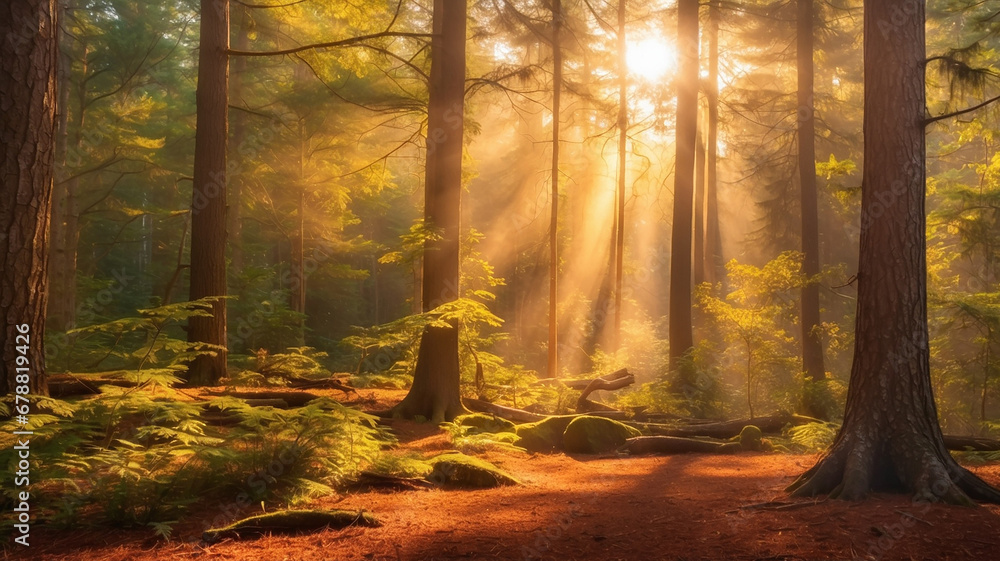 Poster a vibrant and diverse scene of sunlight filtering through the trees, casting a warm and golden glow 
