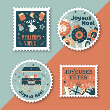 Collection de timbres de No&euml;l - Badges - Stickers - Joyeux No&euml;l - Meilleurs v&oelig;ux - Illustrations vectorielles pour les f&ecirc;tes - Motifs de No&euml;l pour les f&ecirc;tes de fin d'ann&eacute;e - Festif et color&eacute; - Lettre