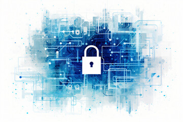 White digital padlock over blue technological backdrop