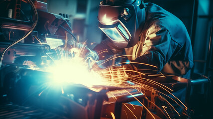 Worker welder with protective mask welding metal, light spark hot metal. Industry iron factory