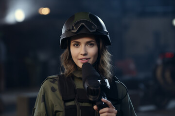 Press journalist young woman wearing bulletproof vest and helmet reporting live from destroyed city after war, pov camera view correspondent.