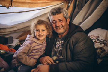 Portrait of refugee family dad with mom and childs at border checkpoint of tent camp. Concept Illegal immigrant due to war, loss of home