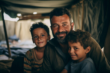 Portrait of refugee family with childs at border checkpoint of tent camp. Concept Illegal immigrant due to war, loss of home - obrazy, fototapety, plakaty