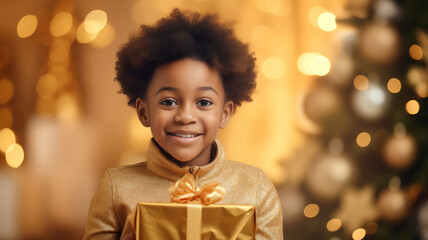 Happy afro american little curly boy hugging gift box Christmas on yellow background with light bokeh of xmas tree, warm mood banner