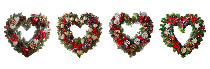 Fototapeta na wymiar Set of four Christmas wreaths in shape of a heart, isolated on transparent white background