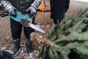 Man cuts a part of the trunk from a Christmas tree with a chainsaw