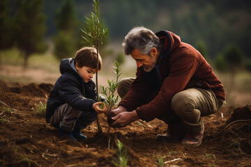 Young father teaching his son the value of nature and environmental education through planting a tree. Bonding through generations, cultivating a sense of responsibility and sustainability