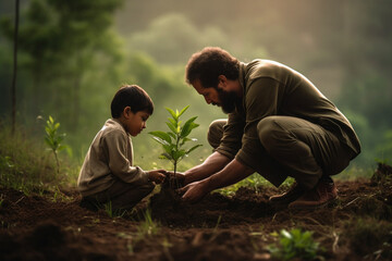 Young father teaching his son the value of nature and environmental education through planting a tree. Bonding through generations, cultivating a sense of responsibility and sustainability