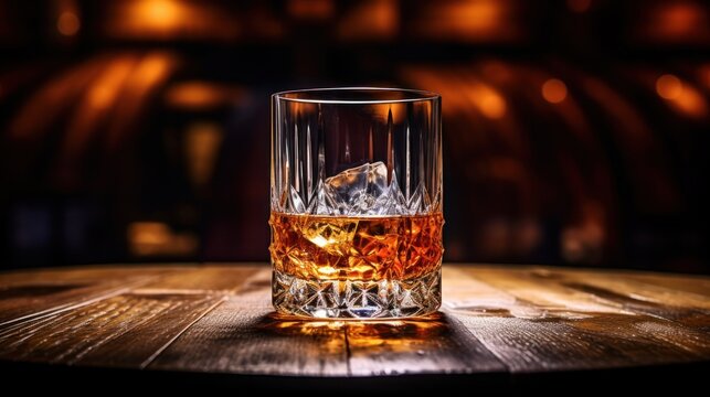 A Glass of Aged Whiskey in a Wooden Barrel with Copper Alambic in the Background