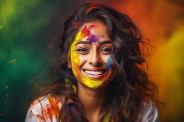 Fototapeta premium Portrait of Indian happy young woman with multi colored powder paint o face. Concept of Holi festival of colors in India