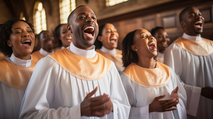 Black christian gospel singers of church praising Jesus Christ. Message of Christianity for christmas song music