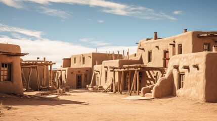 Ancient Acoma Pueblo Native American Houses Simmering under the New Mexican Sun. - obrazy, fototapety, plakaty