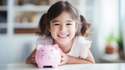 Little Asian girl hold pink piggy bank. Concept learning about saving money, Kid save finances for education