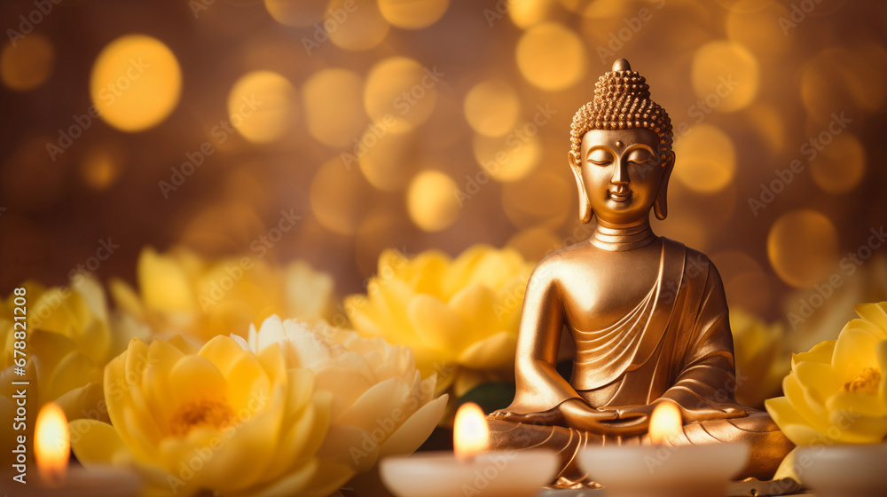 Wall mural buddha statue meditate with golden aura on yellow lotus background with light bokeh. banner vesak da