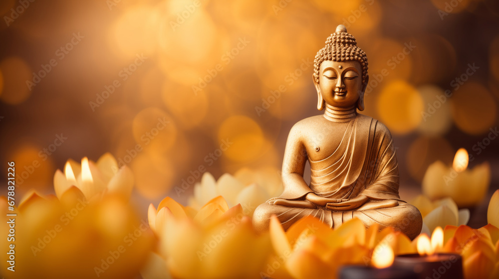 Wall mural buddha statue meditate with golden aura on yellow lotus background with light bokeh. banner vesak da
