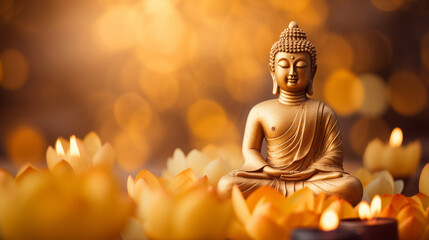 Buddha statue meditate with golden aura on yellow lotus background with light bokeh. Banner Vesak...
