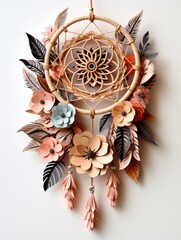 A dream catcher made of paper flowers and feathers - obrazy, fototapety, plakaty