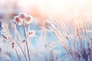 Winter atmospheric landscape with frost-covered dry plants during snowfall. Winter Christmas background - obrazy, fototapety, plakaty