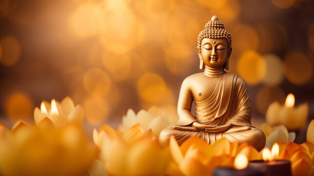 Buddha statue meditate with golden aura on yellow lotus background with light bokeh. Banner Vesak day