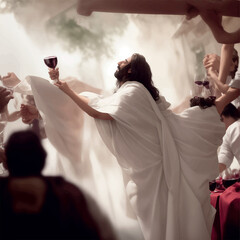 Jesus turns water into wine at a wedding illustration - obrazy, fototapety, plakaty