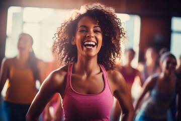 beautiful women enjoying a joyful dance class, candidly expressing their active lifestyle through...