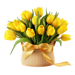 Beautiful yellow tulip flowers in a small wicker basket isolated on transparent background, png clip art, floral element. - obrazy, fototapety, plakaty