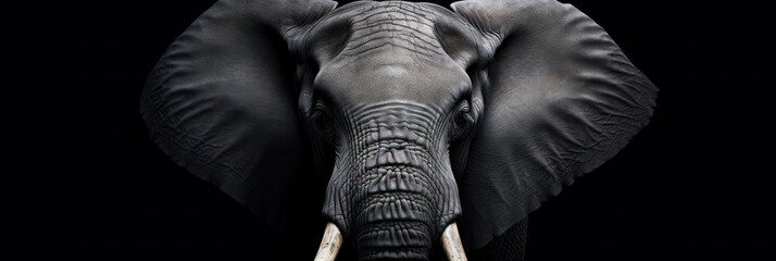 Close up elephant on gray background, wide horizontal panoramic banner with copy space, or web site...