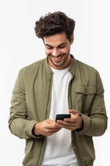 Man in green jacket texting on smartphone