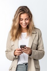 Blond woman holding a mobile phone, white background