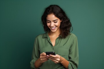 Woman texting on cell phone, Green Background