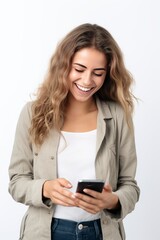 Blond woman with mobile phone on white background