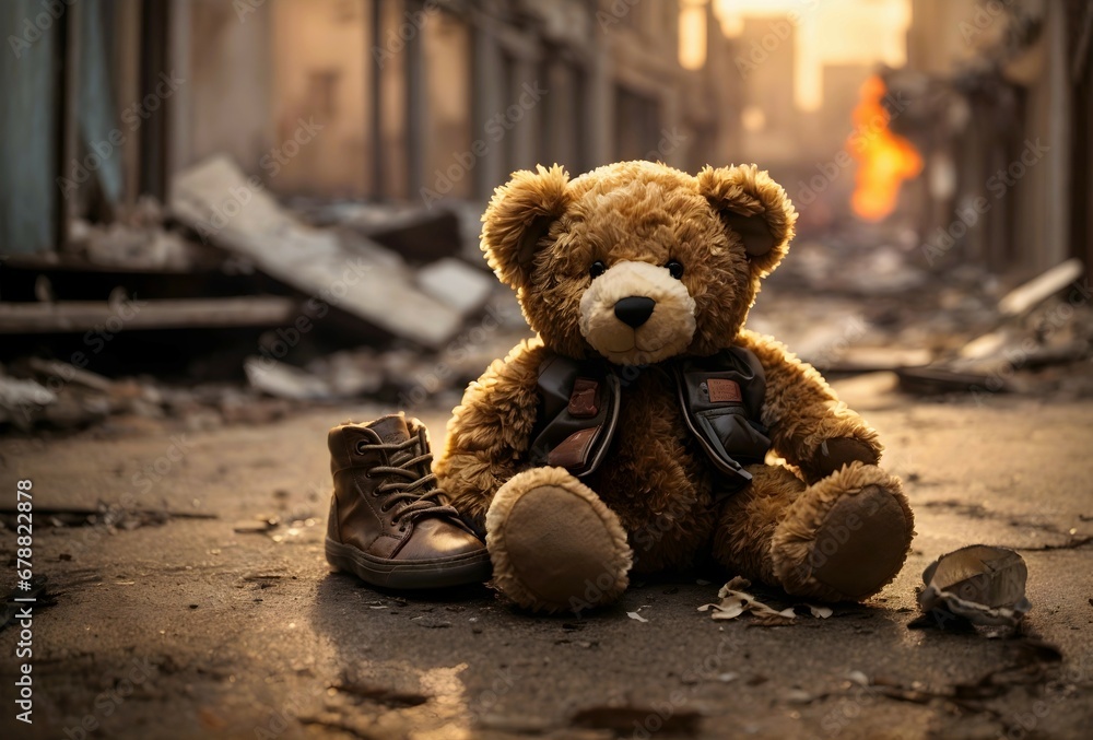 Wall mural Broken teddy bear toy in destroyed city after war conflict, stop war concept, ruined childhood background