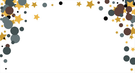 Gold, blue, brown, black confetti with circles and stars. Cosmic shine. Christmas abstract pattern. Beautiful illustration for postcard, banner, web. Background for the image. Vector illustration