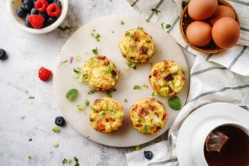 Breakfast egg muffin bites |   healthy baking, selective focus